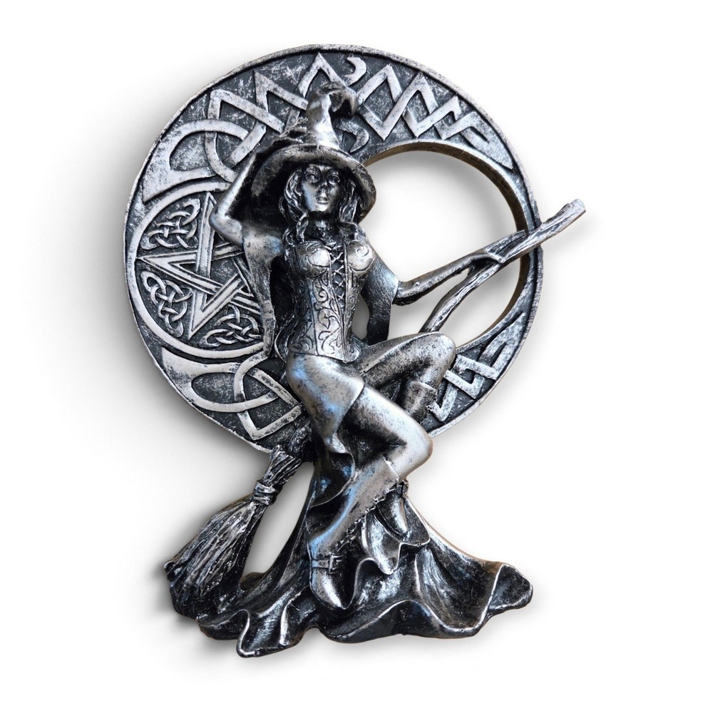 Gothic Witch on Broomstick Figurine Silver Tone Celtic Moon Pentagram Halloween